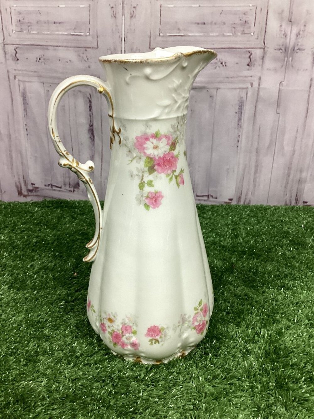 antique Haviland Limoges porcelain water pitcher hand painted roses gold accent